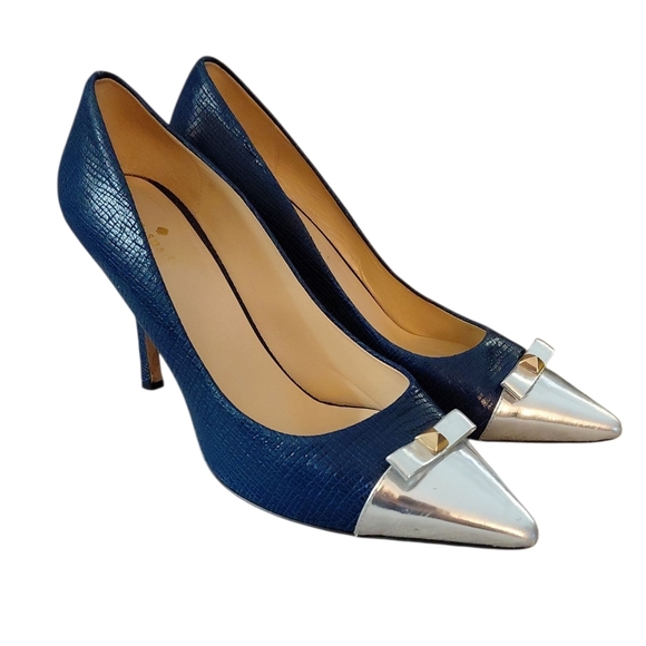 Kate Spade Paloma Blue Snake Embossed Silver Cap Toe Pumps Heels 9.5 - Picture 7 of 12